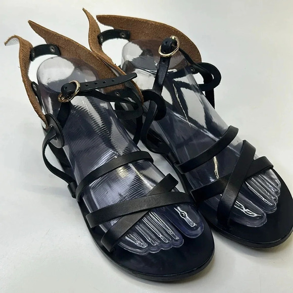 Ancient Greek Sandals Nephele Winged Open Toe Shoes Leather Black Silver Size 7 - Picture 2 of 13